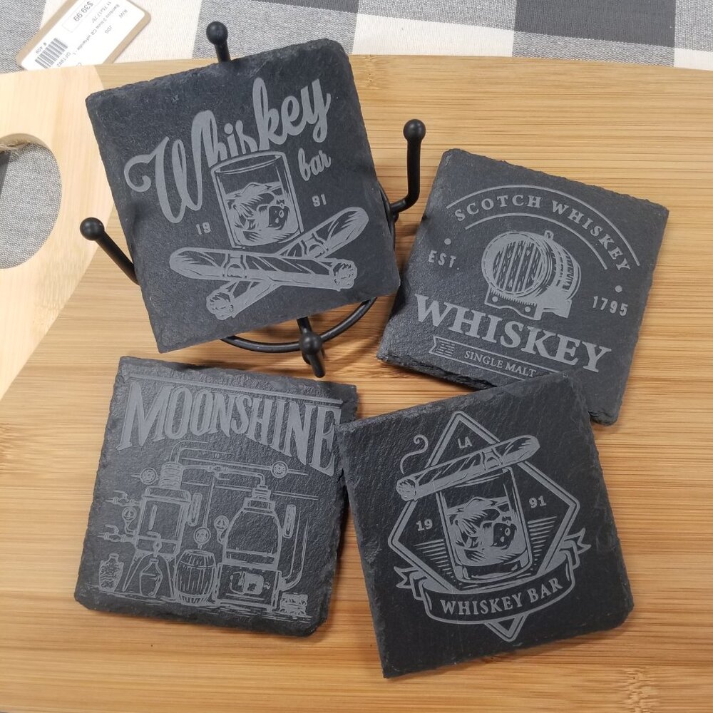 Whiskey-Themed Slate Coaster Set (4-Piece, Square, with Black Wire Stand)